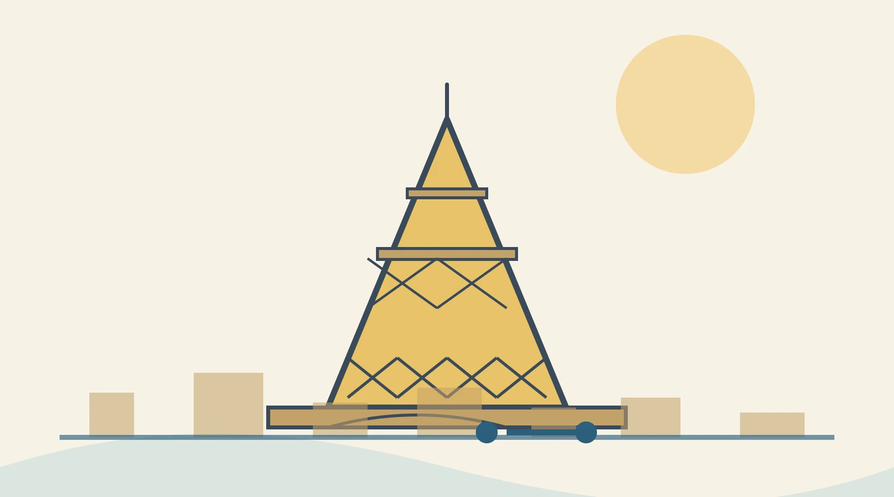 Original editorial illustration of the Eiffel Tower lattice and a route line